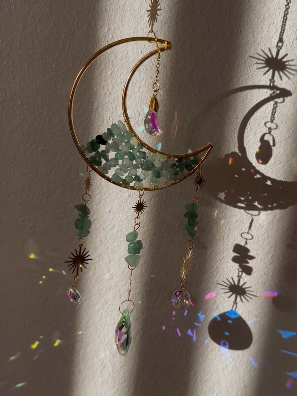 Gold Crescent Moon Crystal and Green Bead Hanging Decor